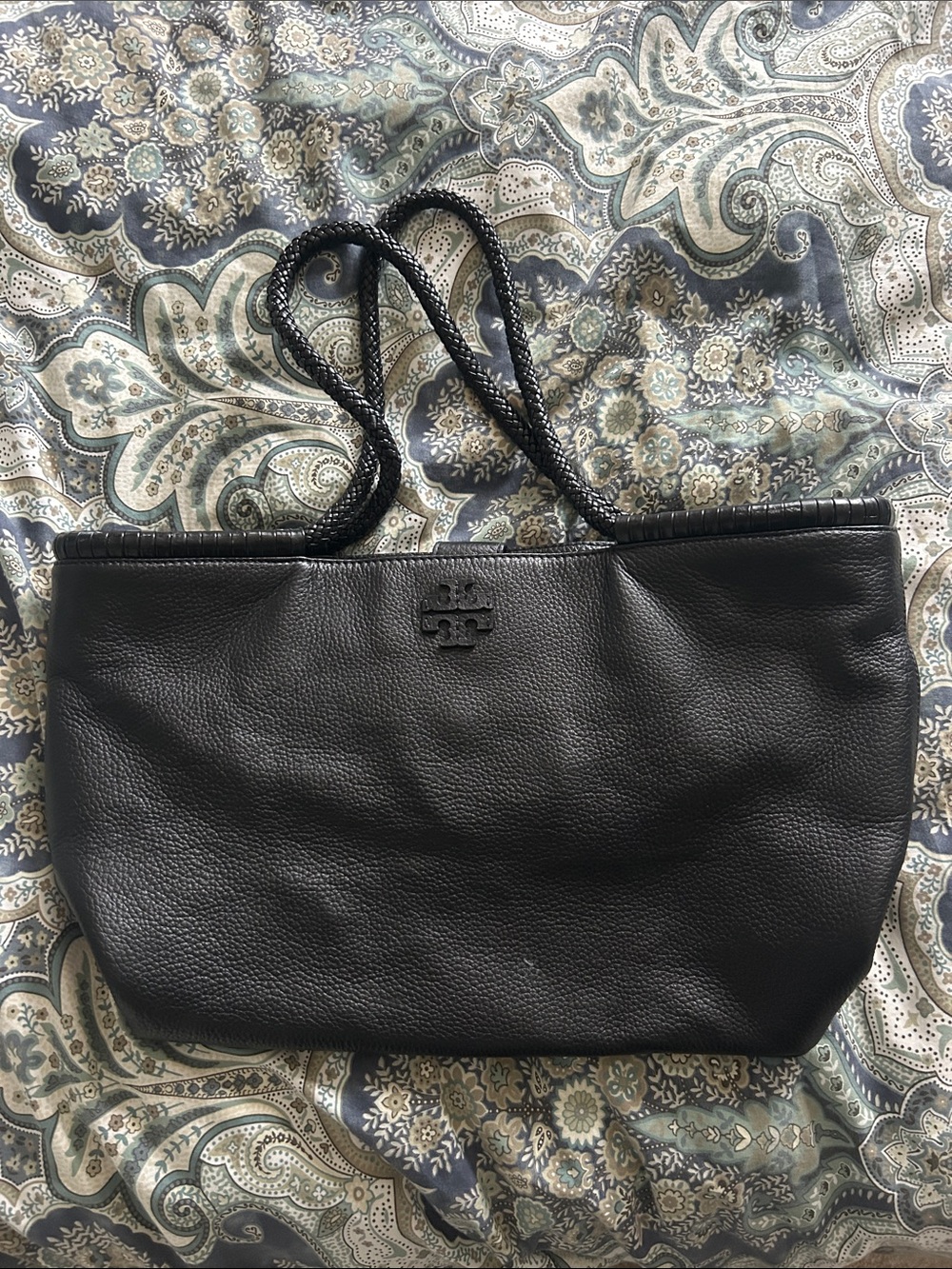 Tory Burch Black Pebbled Leather Tote with Braided Straps